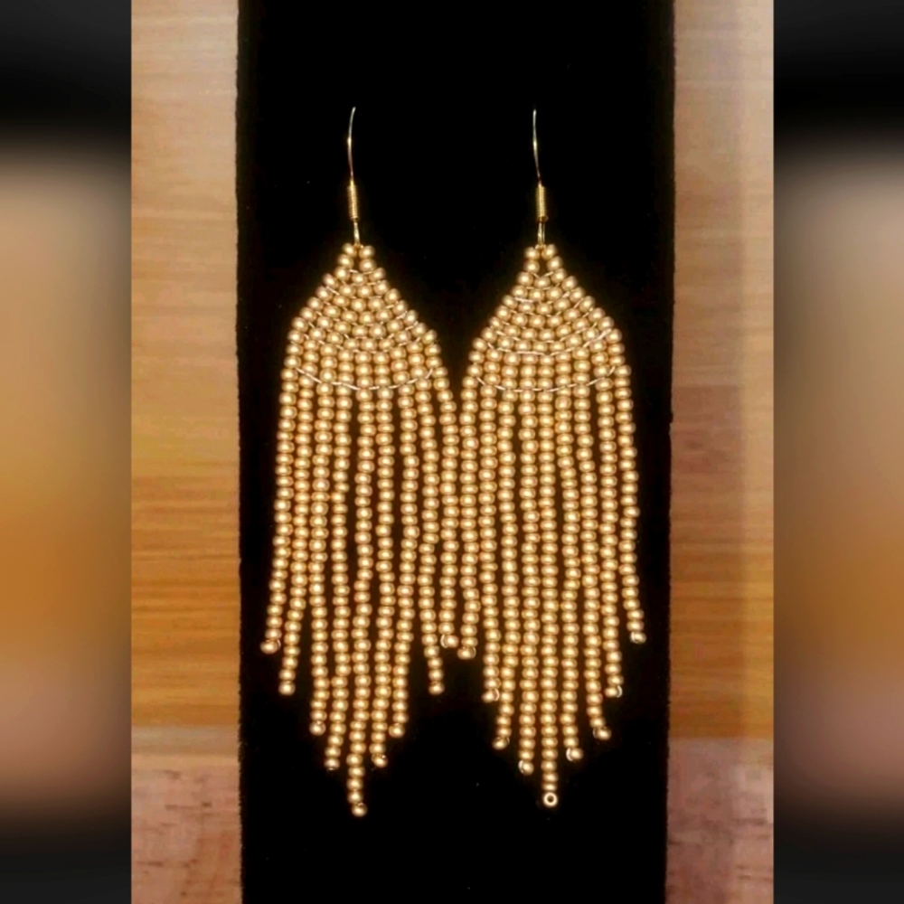 Handmade Gold Fringe Earrings Czech Glass Beading and 18kt Gold Plated Hooks
